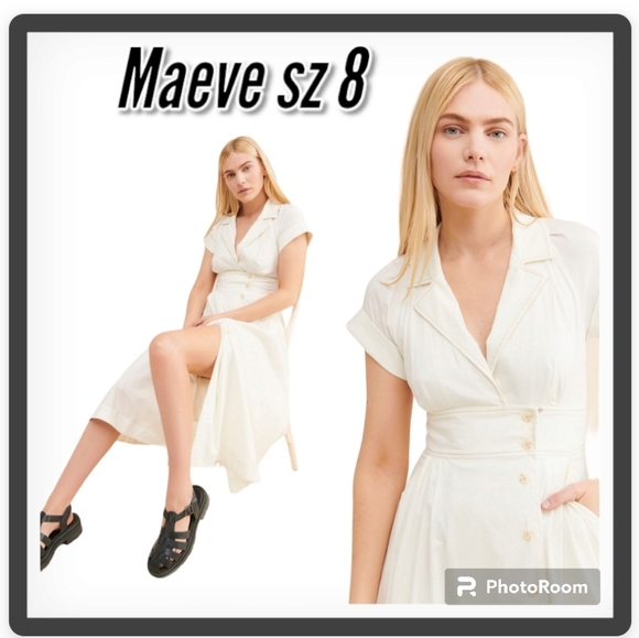 MAEVE by Anthropology Woman Dress POPLIN Collared MIDI Off White Shirtdress - Picture 3 of 12